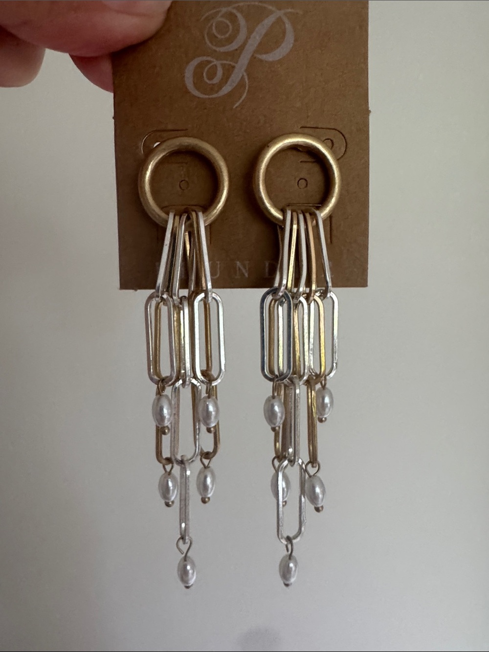 Gold & Silver tone Dangle Chain Earrings with pearl drops, NWT